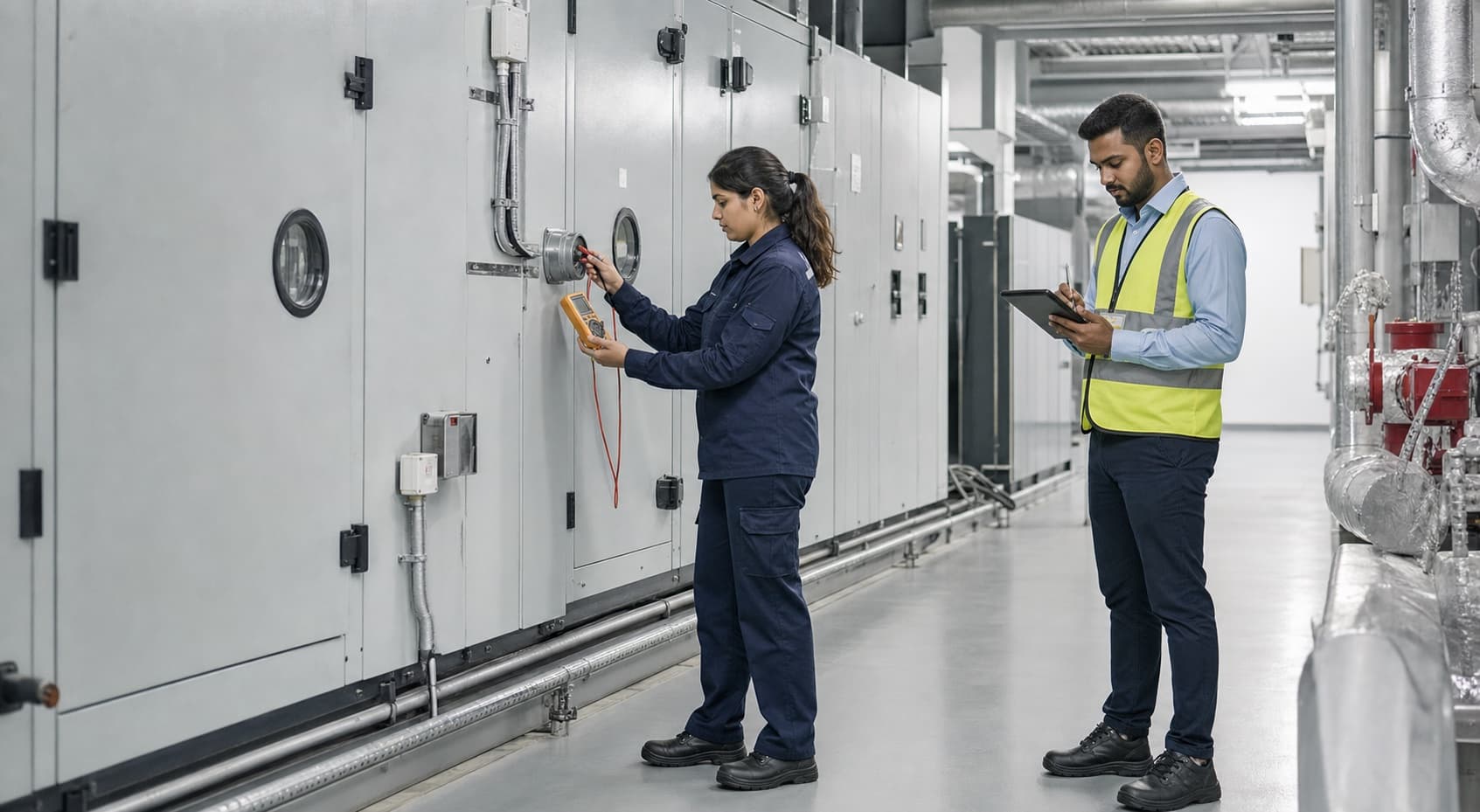 Maintenance professional inspecting equipment inside a commercial facility