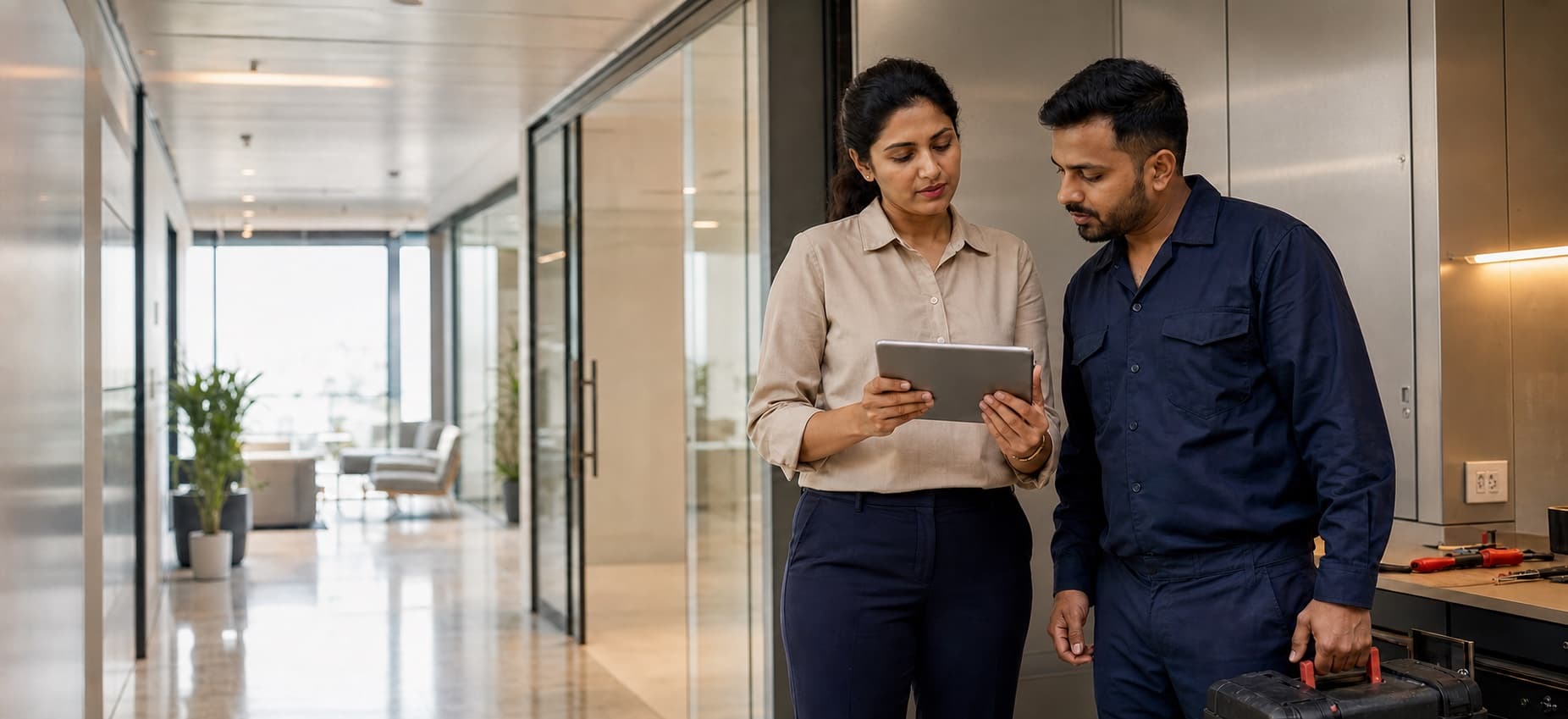 A field coordinator and technician reviewing a service work order on a tablet at a commercial site