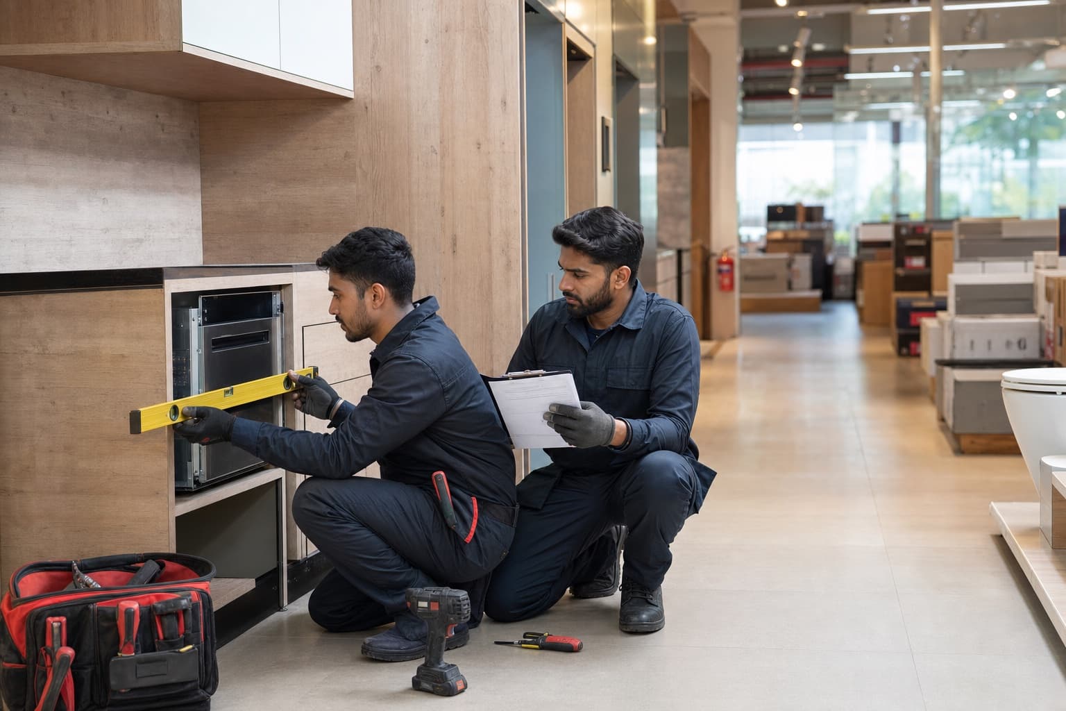Two technicians checking a built-in appliance installation inside a retail showroom